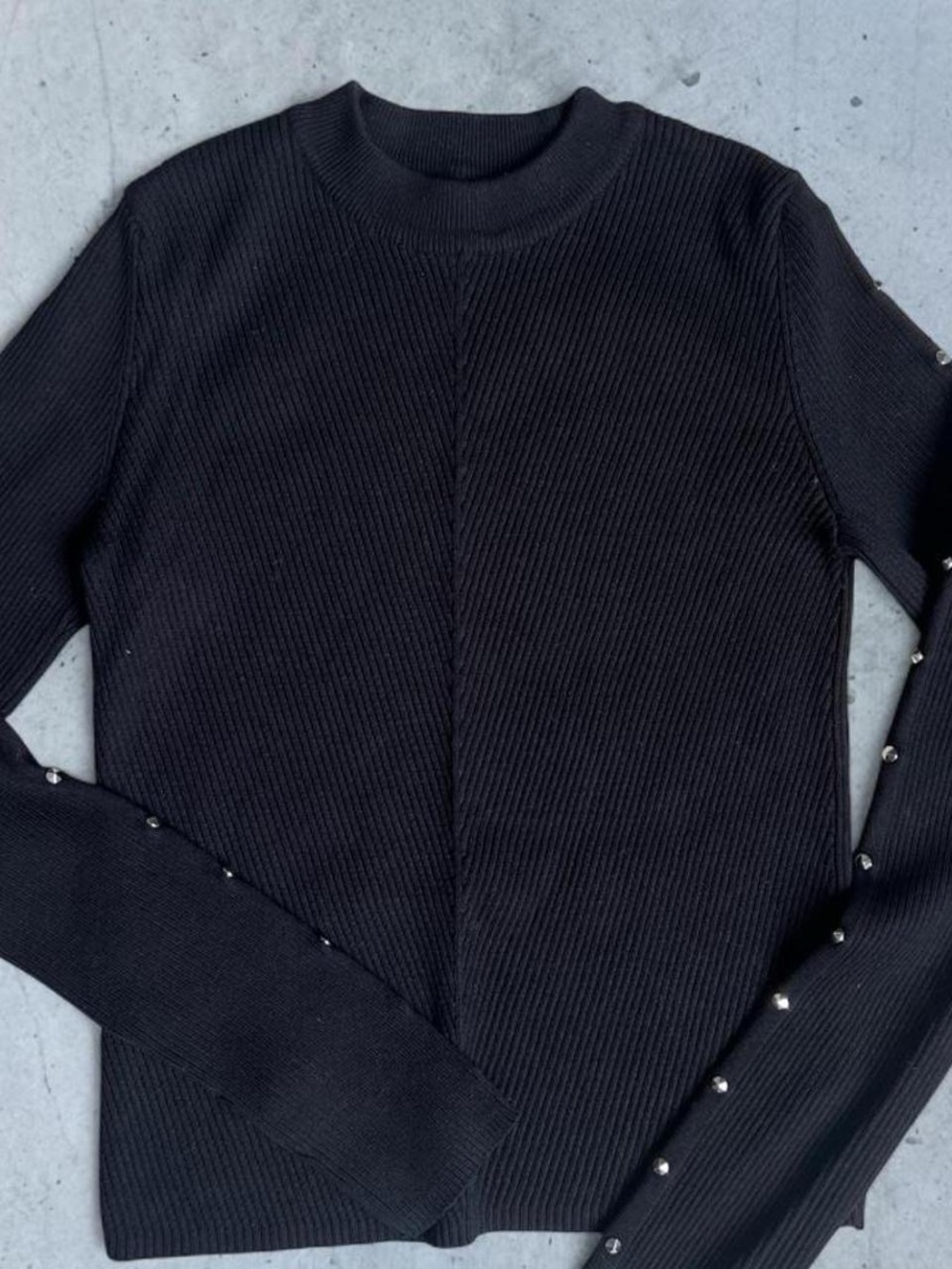 Classic Black Ribbed Crewneck Sweater with Sleeve Crystals Detail